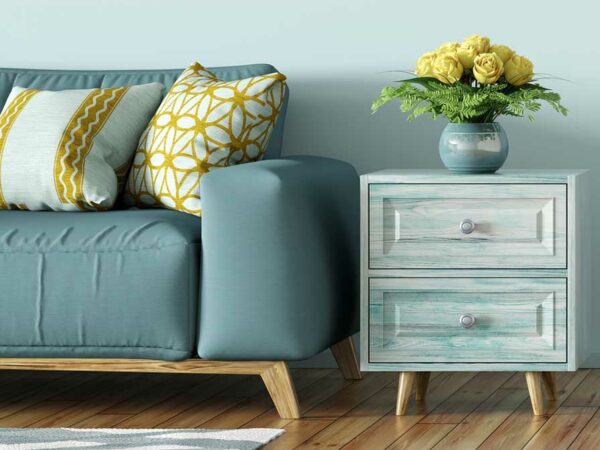 Interior of living room with blue sofa and chest 3d rendering