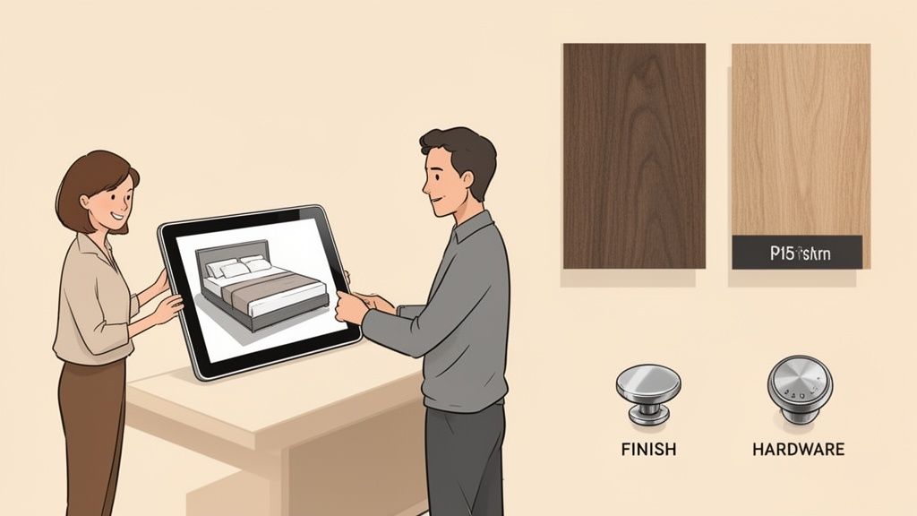 Two people design a bed on a tablet, selecting wood finishes and hardware options for customization.