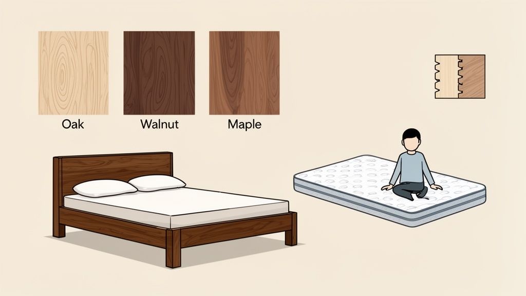 An illustration showing wood types (oak, walnut, maple), a wooden bed, a mattress with a person, and a dovetail joint.