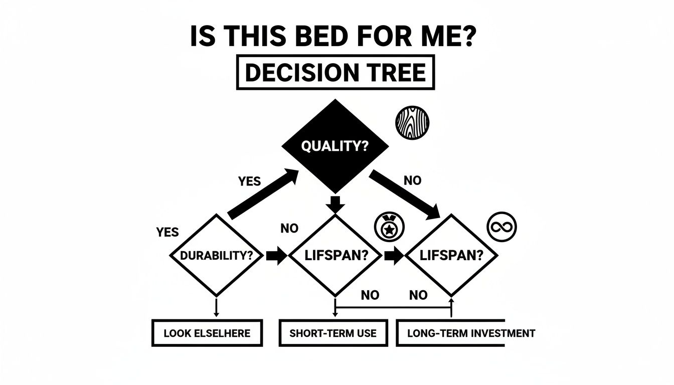 A decision tree flowchart asking if a bed is suitable, based on quality, durability, and lifespan.