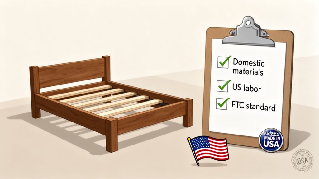 Wooden bed frame with a clipboard detailing 'Made in USA' requirements and an American flag.