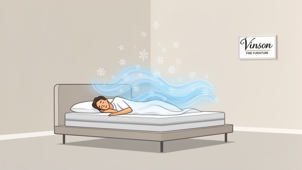 Illustration of a person sleeping soundly on a mattress with blue waves and snowflakes for cooling.