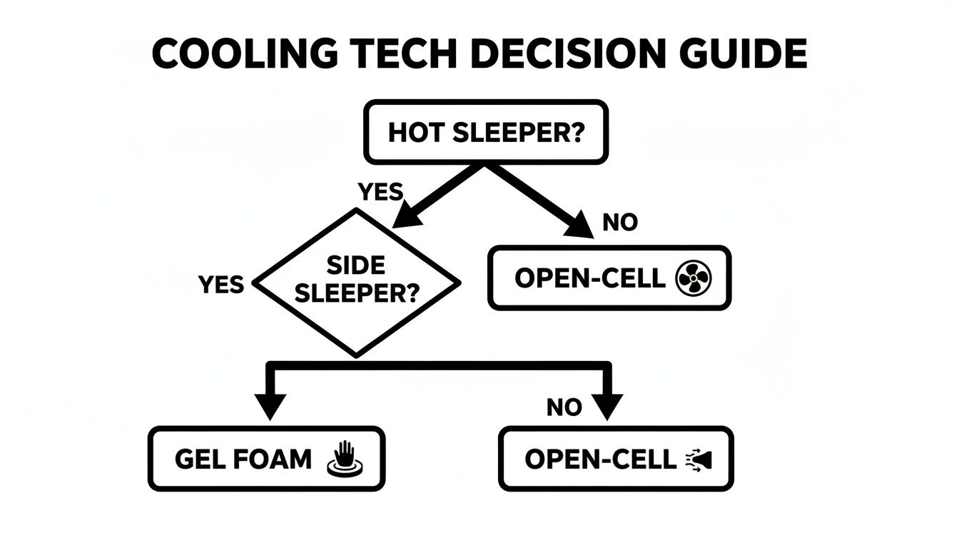 Flowchart guiding hot sleepers and side sleepers to choose cooling mattress technology.
