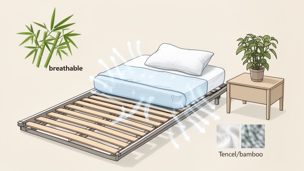 Illustration showing a breathable Tencel/bamboo mattress topper on a slatted bed frame with cooling airflow.
