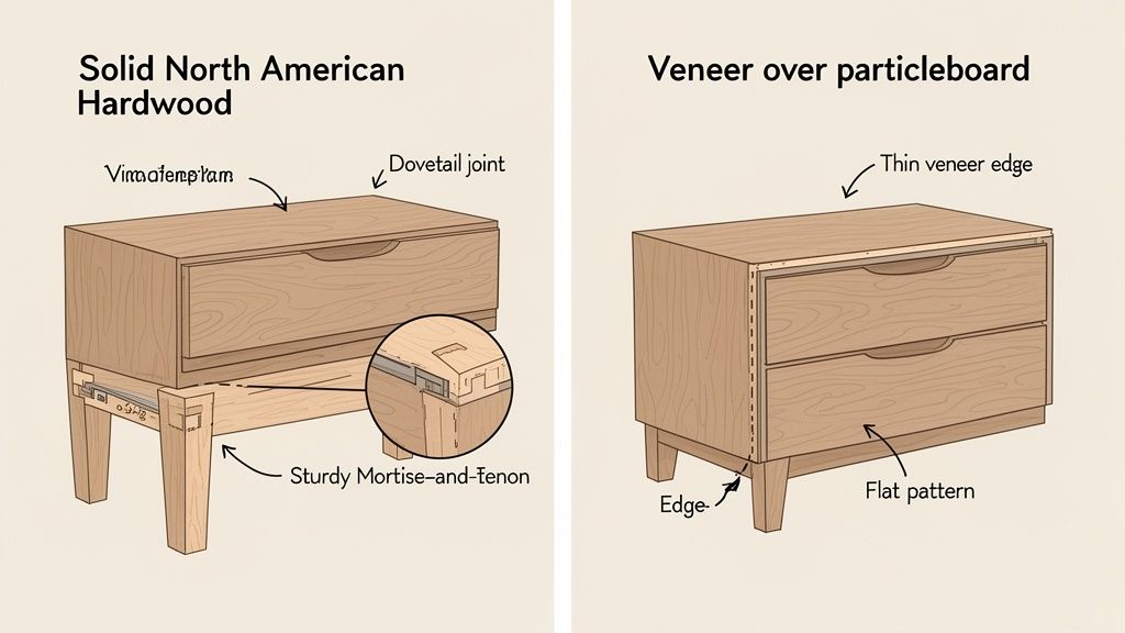 Illustration contrasting solid hardwood furniture construction, including dovetail and mortise-and-tenon joints, with veneer over particleboard.