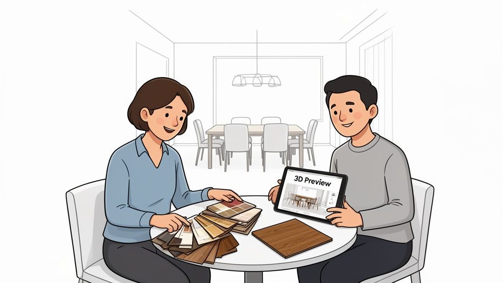 A couple reviews wood samples and a 3D furniture preview on a tablet for home design.