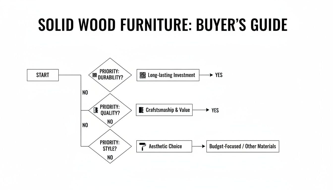 Flowchart guiding buyers through solid wood furniture decisions based on priorities like durability, quality, and style.