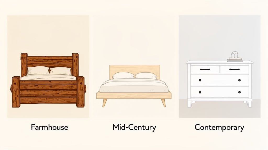 Three bedroom furniture styles are shown: a rustic farmhouse bed, a light wood mid-century bed, and a white contemporary dresser.