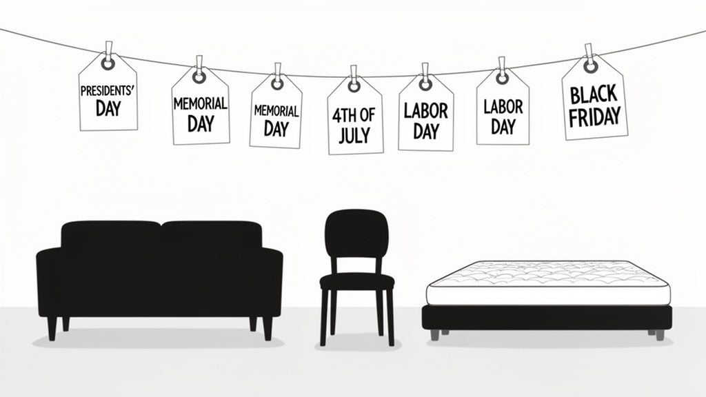 An illustration of holiday sale tags above a black sofa, chair, and mattress.