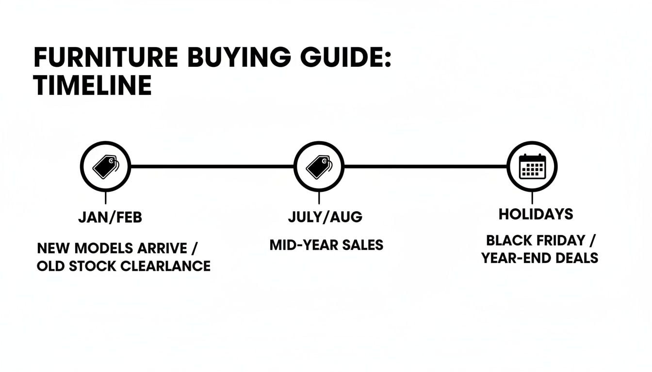 Timeline for buying furniture, showing best sale periods: Jan/Feb, July/Aug, and year-end holidays.