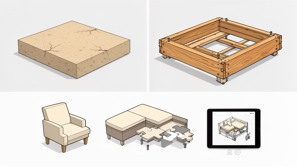 Illustration of modular sofa components: concrete base, wooden frame, armchair, sectional pieces, and tablet showing assembly.