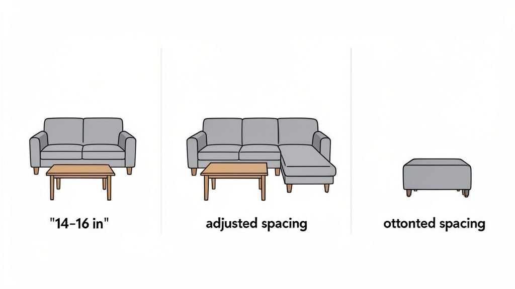 Illustration showing recommended distances between a sofa and coffee table, a sectional and coffee table, and an ottoman.