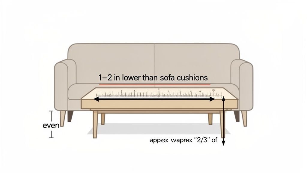 Illustration showing coffee table placement rules: 1-2 inches lower than sofa cushions, approximately 2/3 sofa length.