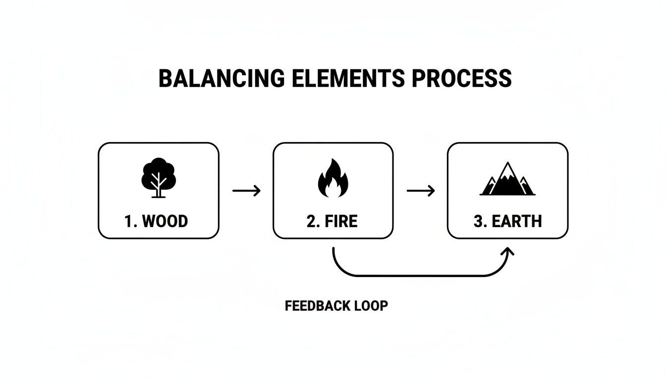Flowchart illustrating a balancing elements process with wood, fire, and earth, featuring a feedback loop.