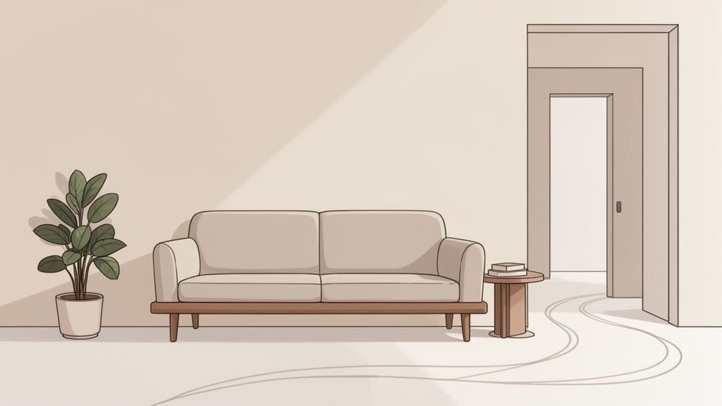 A clean, minimalist living room features a beige sofa, potted plant, and a side table next to a doorway.