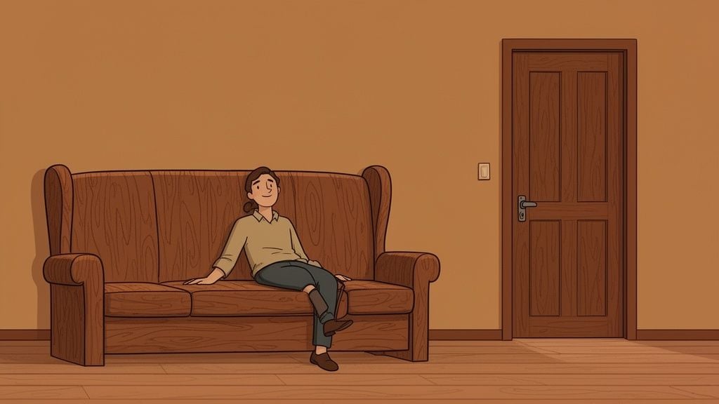 A cartoon woman sits comfortably on a brown wooden sofa in a simple room with a door.