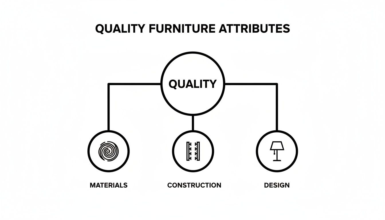 A diagram illustrating quality furniture attributes: materials, construction, and design.