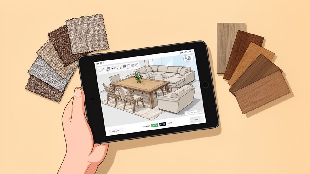 A hand holds a tablet displaying interior design software with furniture layouts, surrounded by fabric and wood samples.
