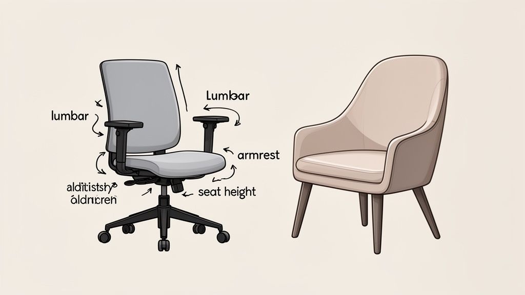 Diagram of an ergonomic office chair highlighting lumbar, armrest, and seat height, next to a stylish accent chair.