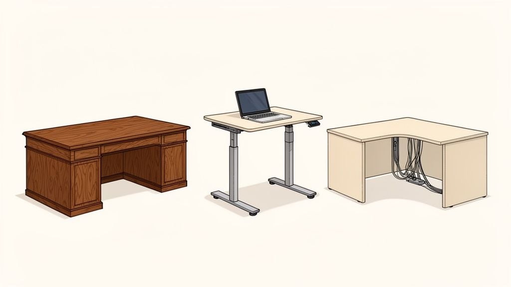 Three different desks: a classic wooden desk, a modern standing desk, and a corner office desk.