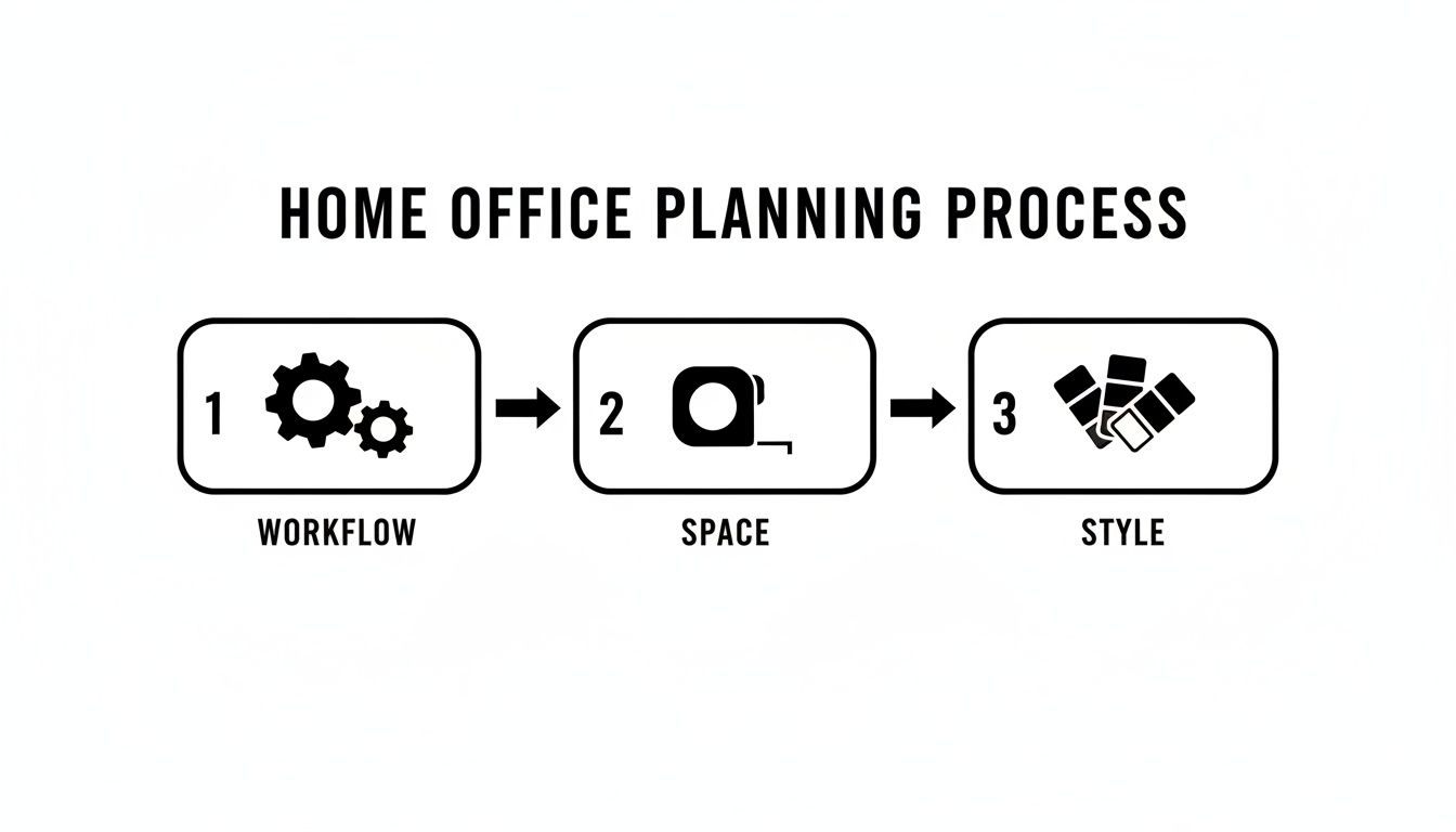 Infographic illustrating the 3-step home office planning process: Workflow, Space, and Style, with icons.