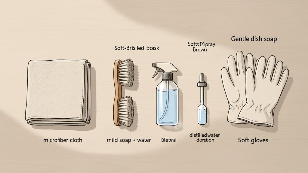 Flat lay of wood furniture cleaning supplies: microfiber cloth, brush, spray bottle, dropper, and gloves.