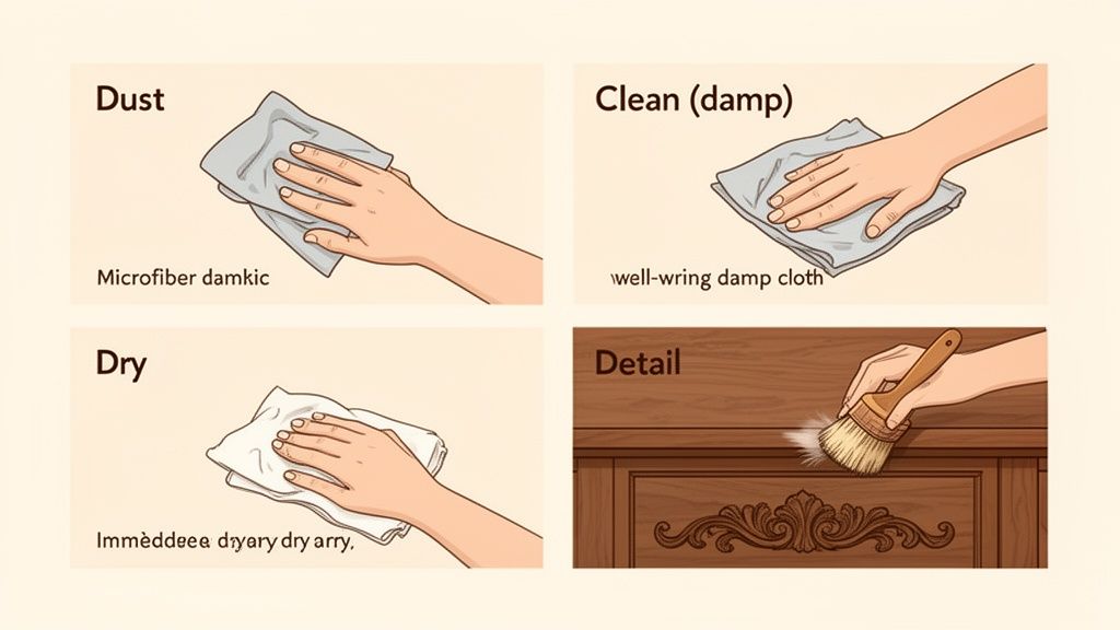 Illustrates four steps for cleaning wood furniture: dusting, damp wiping, drying, and brushing details.
