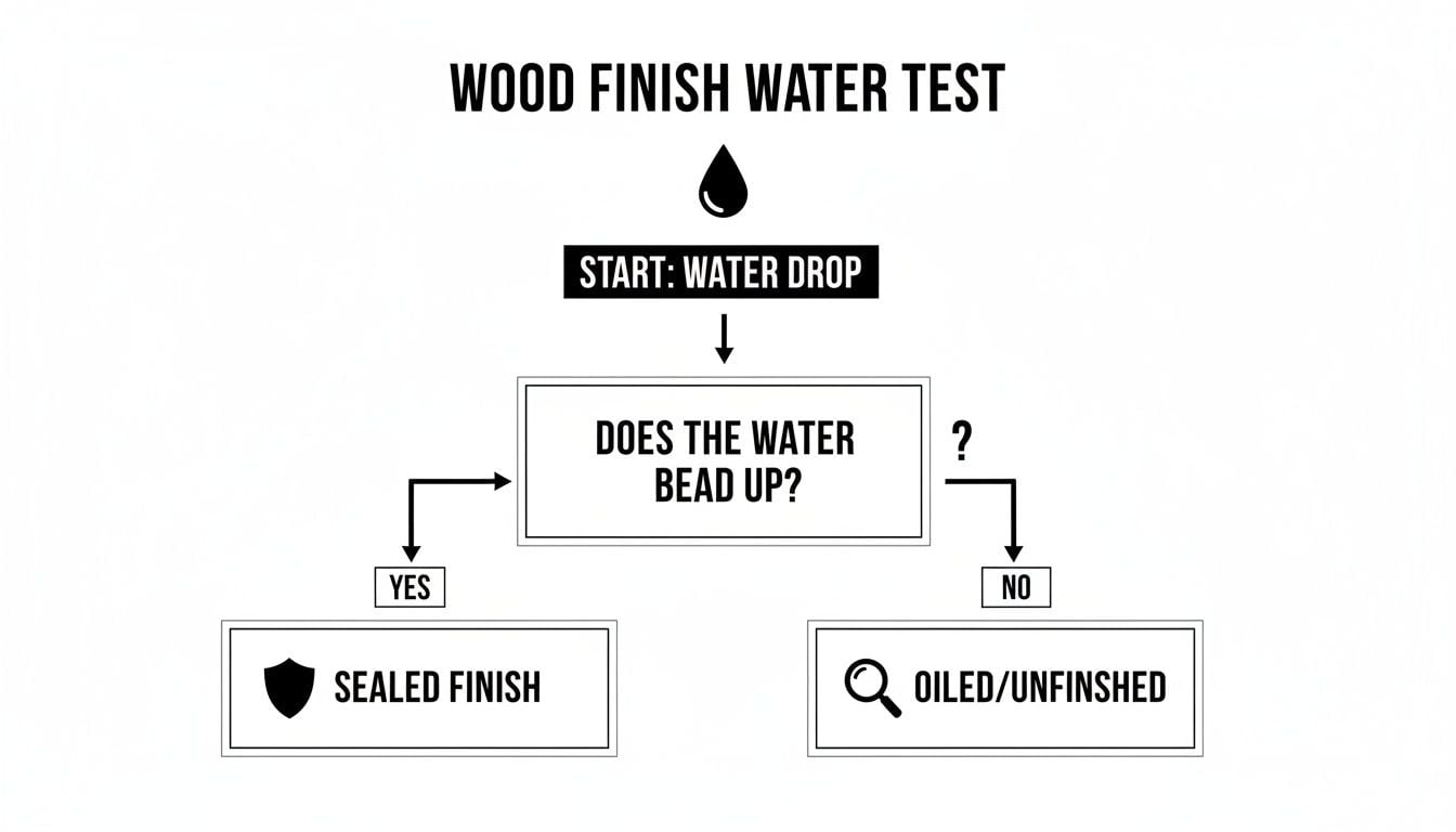 Flowchart showing a wood finish water test: start with a water drop, if it beads up it's sealed finish, otherwise it's oiled/unfinished.
