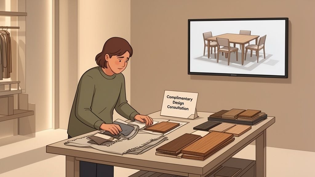 A person evaluates fabric and wood samples on a table, consulting materials for furniture design.