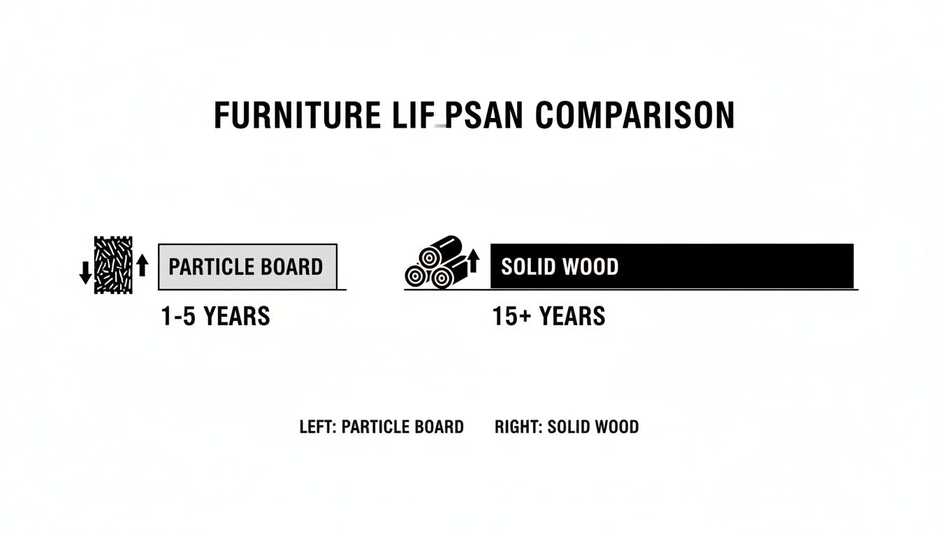 Comparison of furniture lifespan showing particle board lasting 1-5 years and solid wood lasting 15+ years.