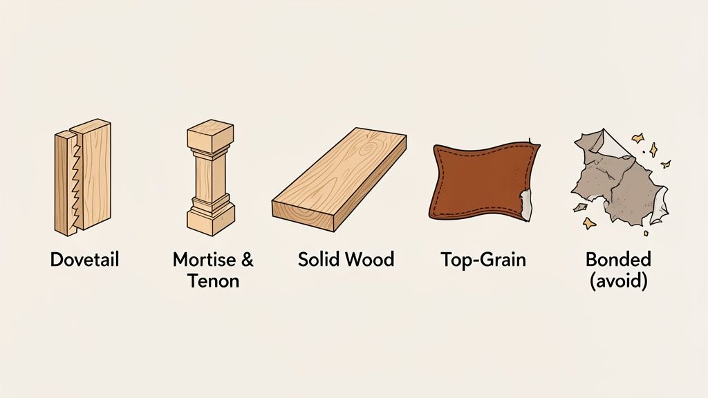 Illustrations showing furniture construction quality, including dovetail, mortise & tenon, solid wood, top-grain, and bonded materials.