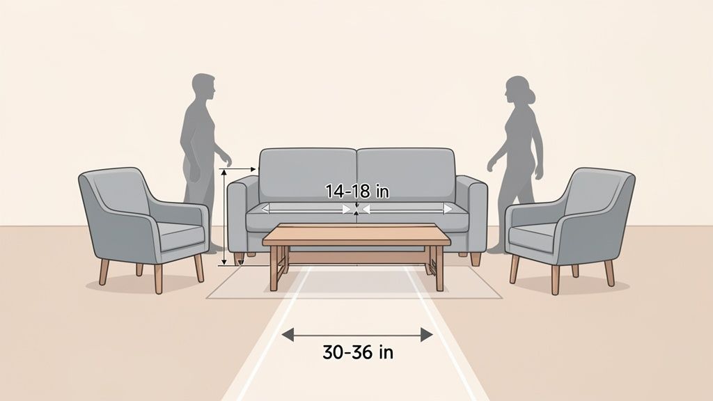 Ideal living room furniture arrangement illustration with sofa, coffee table, armchairs, and recommended spacing measurements.