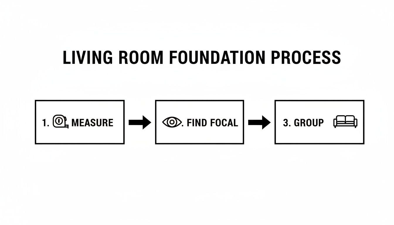 A graphic showing a three-step living room foundation process: measure, find focal, and group, with icons.