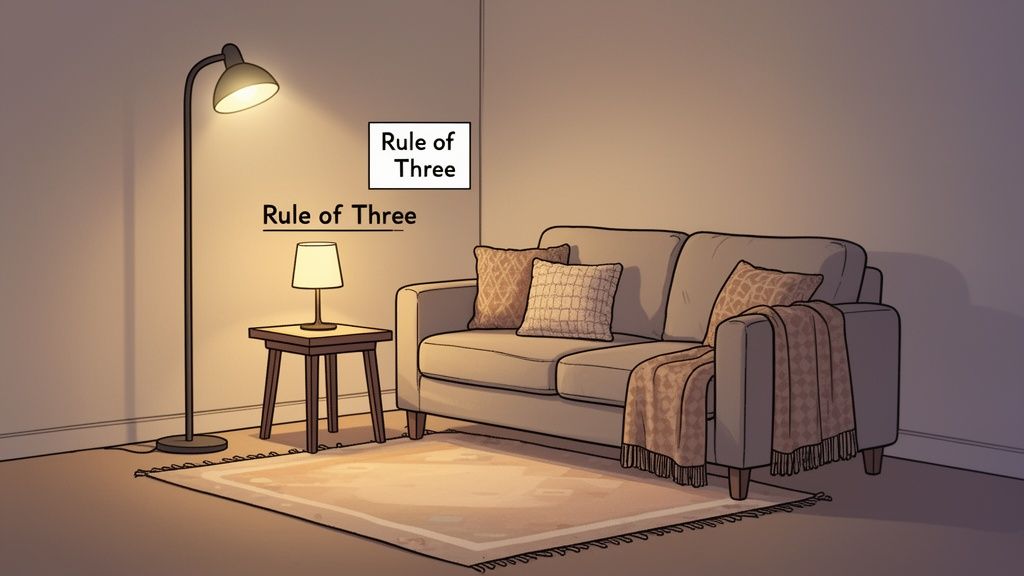 A cozy living room corner with a sofa, two lamps, a side table, and a rug, illustrating the 'Rule of Three'.
