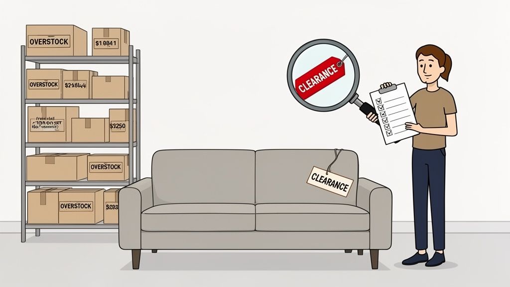 A person inspects overstock items and clearance sales with a magnifying glass and clipboard.