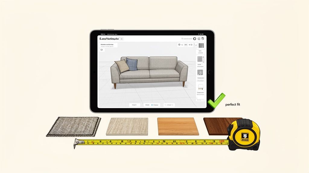Tablet displaying 3D sofa design, with material samples and measuring tape for a perfect fit.