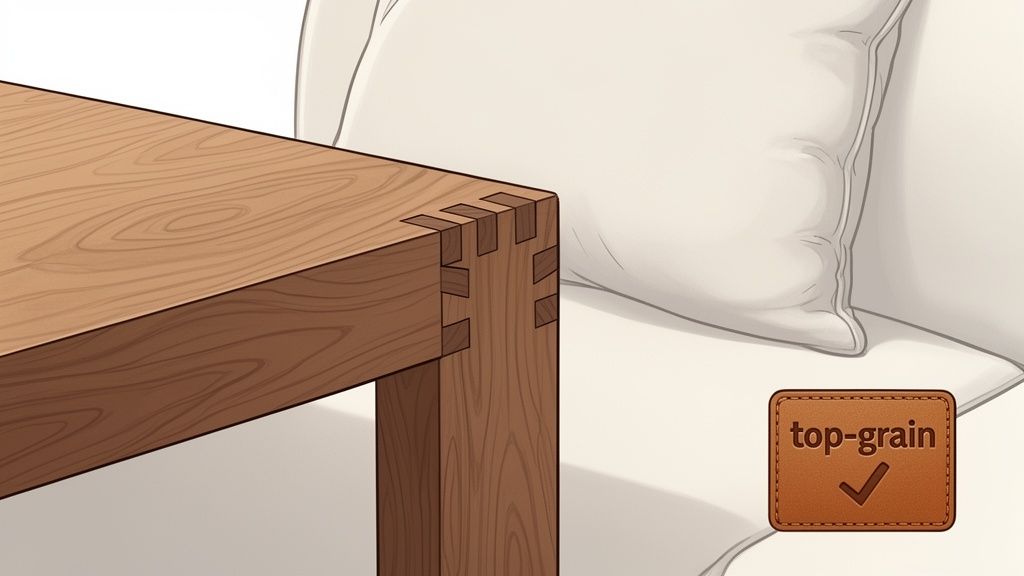 Close-up of a wooden table corner with a visible dovetail joint next to a cream sofa, featuring a 'top-grain' tag.