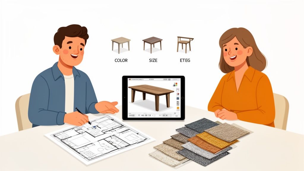 Two people at a table, designing home interiors with floor plans, digital models, and fabric swatches.