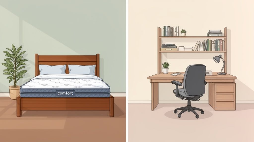 An illustration split into two parts: a bedroom with a bed and plant, and an office with a desk and bookshelf.