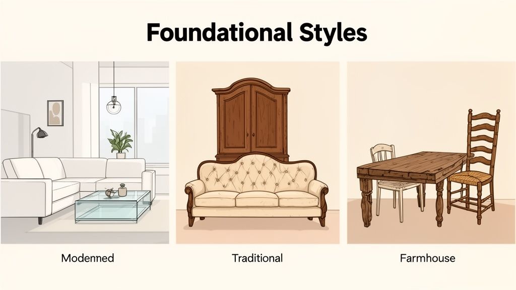 Illustration showing three foundational furniture styles: Modern, Traditional, and Farmhouse, with example pieces.