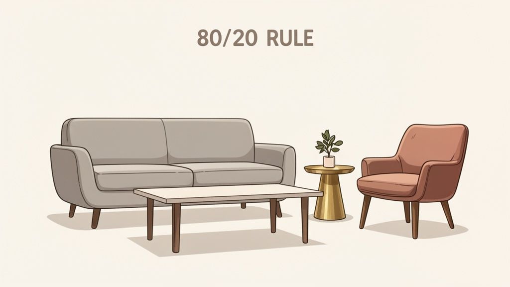 Illustration of an 80/20 rule concept showing mixed furniture styles in a modern living room.