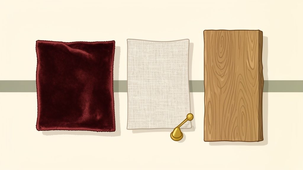 Three texture samples: deep red velvet, beige linen with gold handle, and a wooden plank.