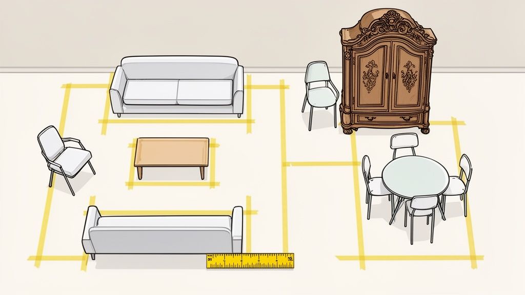 An illustrated room showing various furniture layouts with yellow tape on the floor and a ruler for scale.