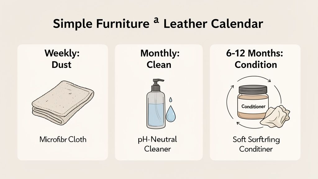 A simple leather furniture care calendar illustrating weekly dusting, monthly cleaning, and 6-12 month conditioning.