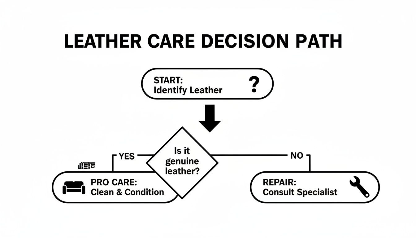 Flowchart illustrating a leather care decision path: identify leather, then genuine leather receives pro care, while non-genuine requires repair.