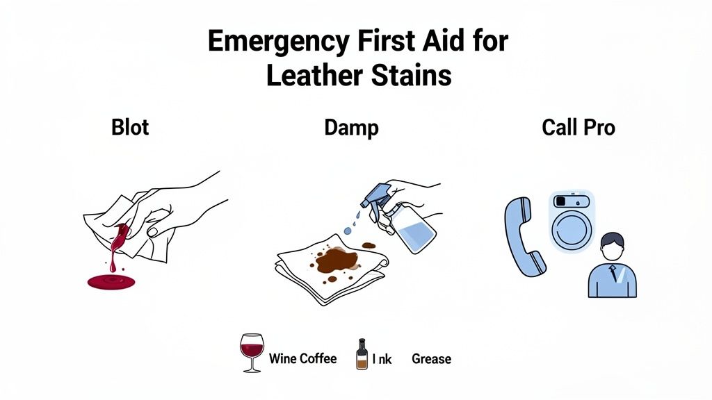 Emergency first aid steps for leather stains, showing blotting, damp cleaning, and calling a professional.