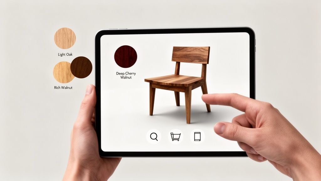 Hands holding a tablet displaying a wooden chair with various wood finish options and shopping icons.