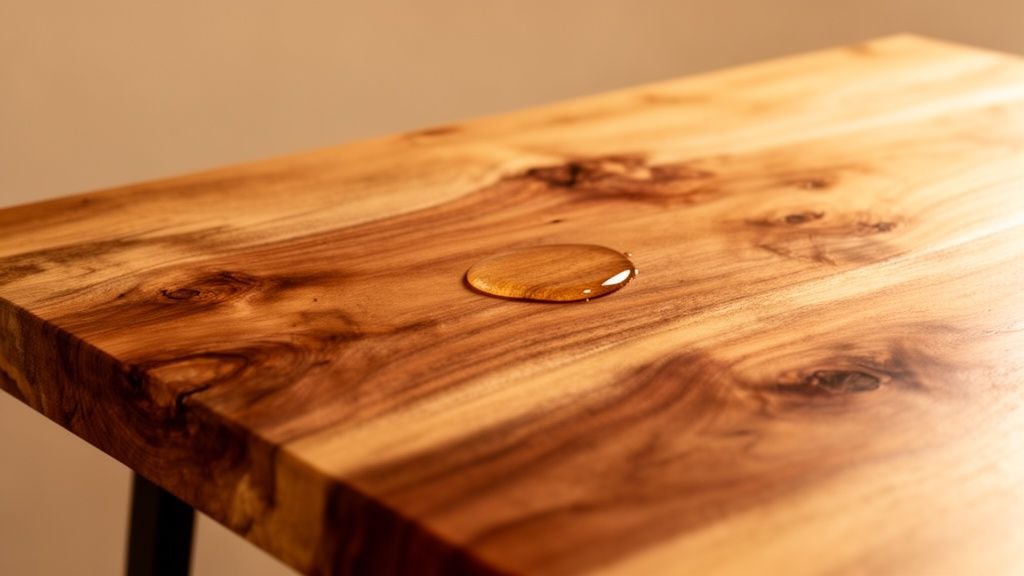 A golden liquid drop on a naturally finished wooden table with visible wood grain.