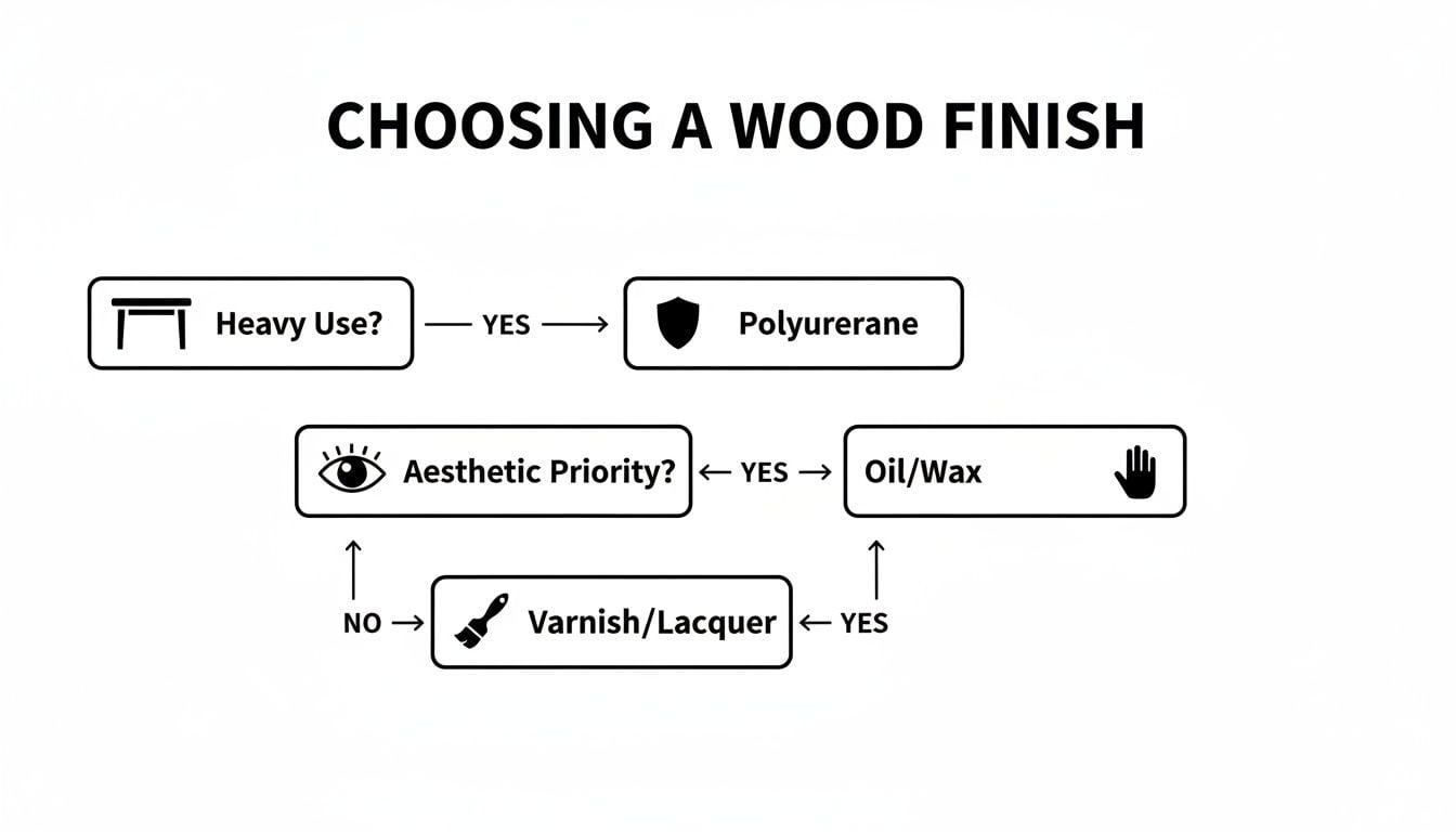 Flowchart illustrating how to choose a wood finish based on heavy use and aesthetic priority.