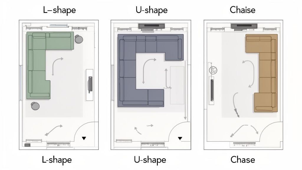Three living room floor plans illustrating L-shape, U-shape, and Chaise sectional sofa arrangements.